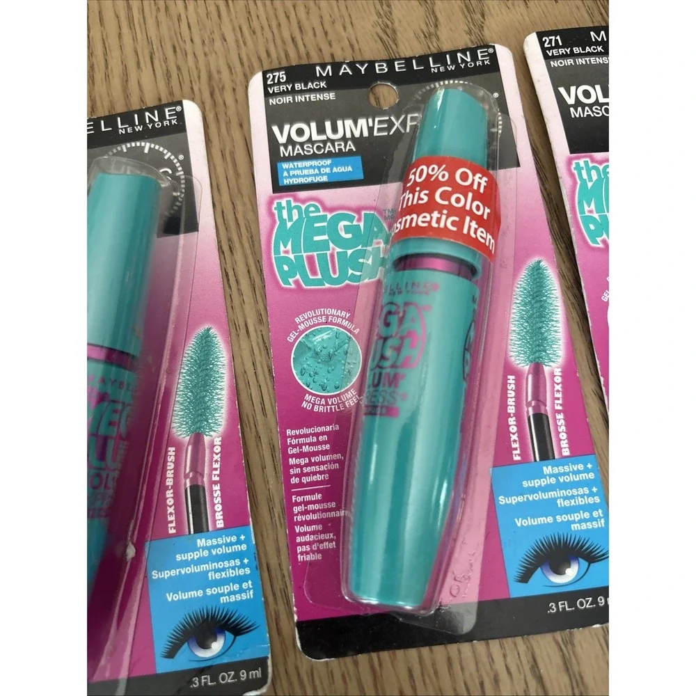 3X Maybelline Volum' Express The Mega Plush Mascara Waterproof Very Black READ!